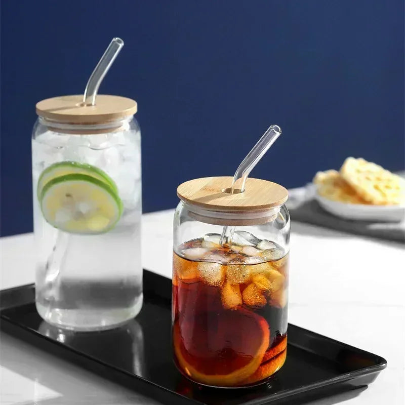 Glass Cola Drink Cup with Bamboo Lid